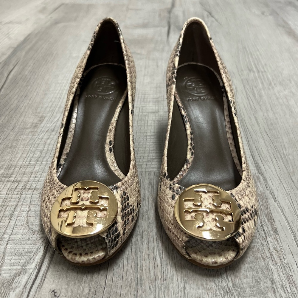 Tory Burch Python Embossed Leather Peep-Toe Wedge… - image 3